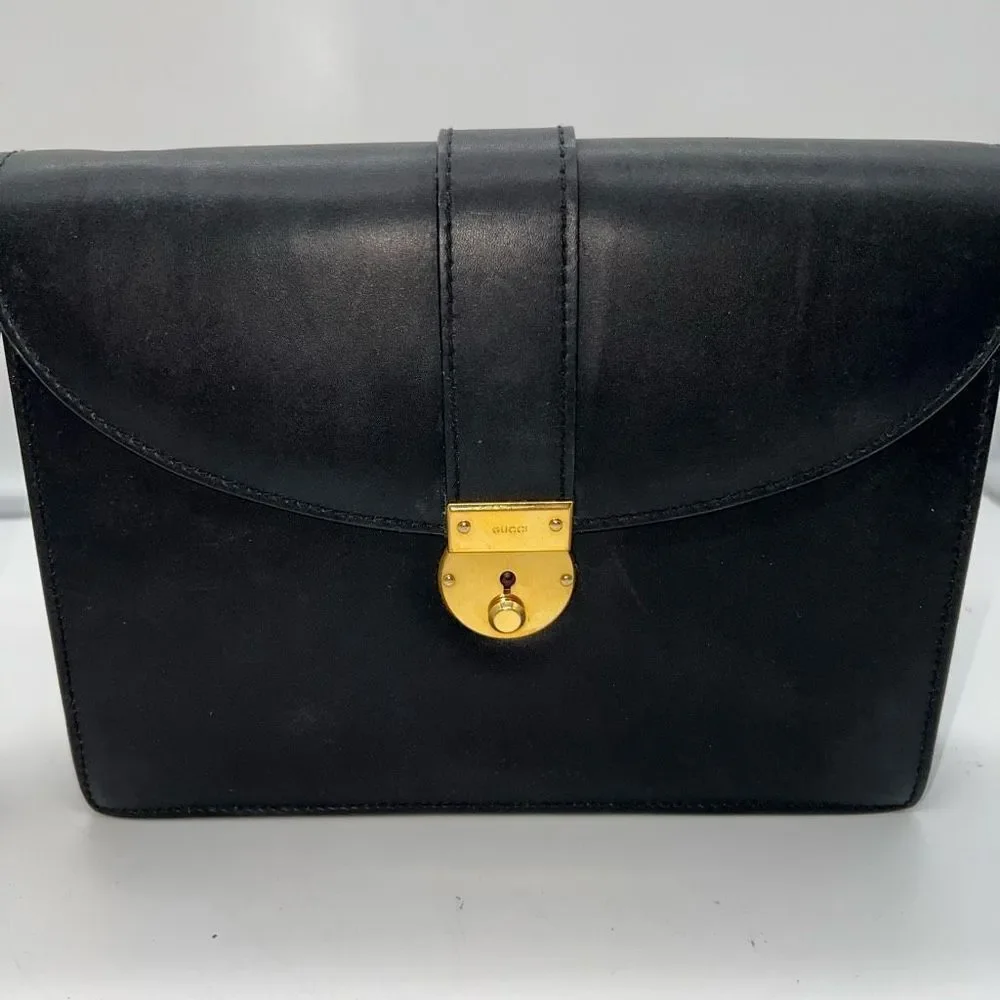 Gucci Vintage Black Leather Padlock Clutch Gold Tone Hardware